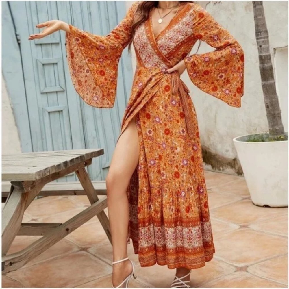 Boho Floral Print Wrap Maxi Dress orange - Picture 5 of 5